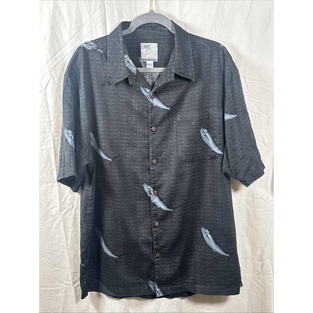 AFTC American Fishing Co Black Marlin Button Down Shirt Short‎ Sleeve Size Large